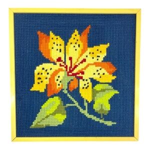 Vintage 70s Handmade Large Framed Crewel Embroidery Floral Lily Wool Retro 18.5”